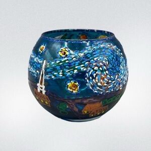 Glass Candle Holder Van Gogh Starry Night Tealight Fairy Lamp Hand Painted 3”